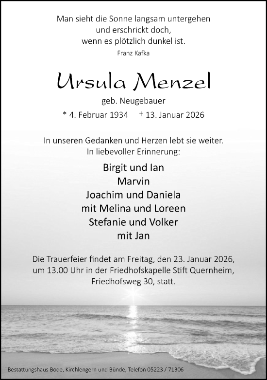 Traueranzeige von Ursula Menzel von Neue Westfälische und Westfalen-Blatt