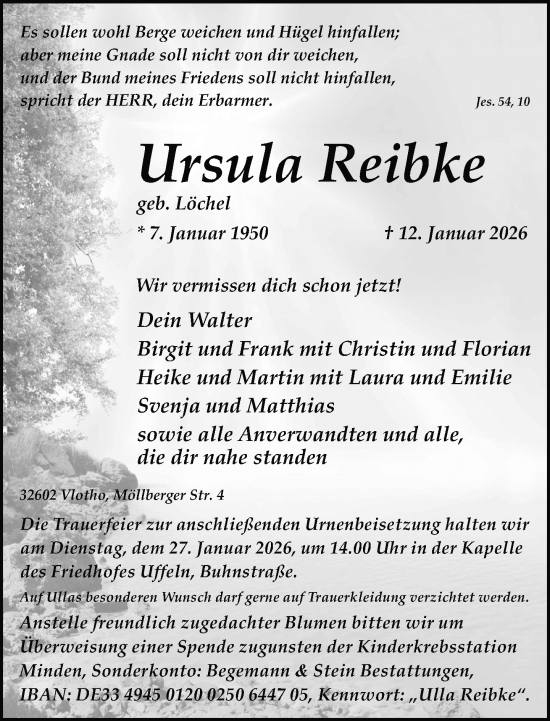Traueranzeige von Ursula Reibke von Neue Westfälische und Westfalen-Blatt
