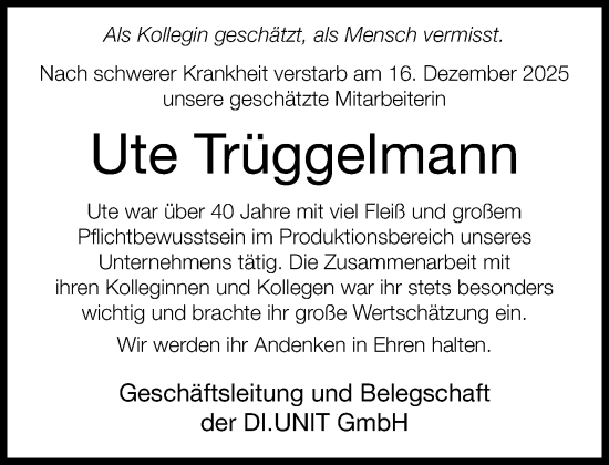Traueranzeige von Ute Trüggelmann von Neue Westfälische und Westfalen-Blatt