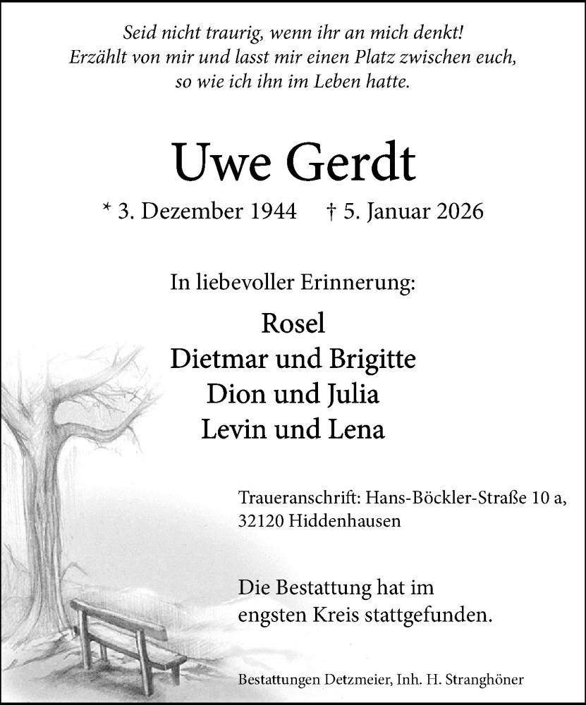  Traueranzeige für Uwe Gerdt vom 17.01.2026 aus Neue Westfälische und Westfalen-Blatt