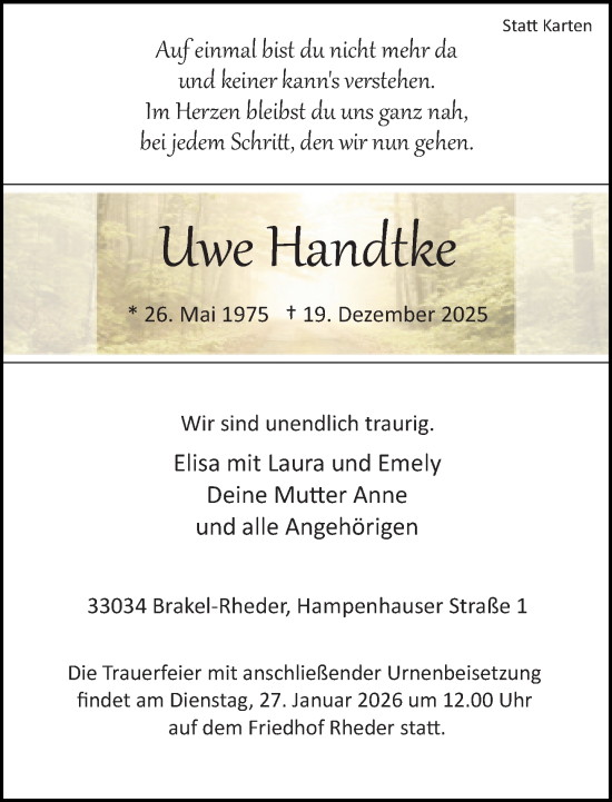 Traueranzeige von Uwe Handtke von Neue Westfälische und Westfalen-Blatt
