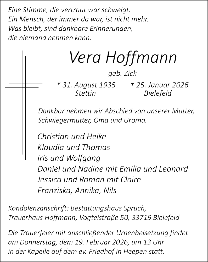  Traueranzeige für Vera Hoffmann vom 31.01.2026 aus Neue Westfälische und Westfalen-Blatt
