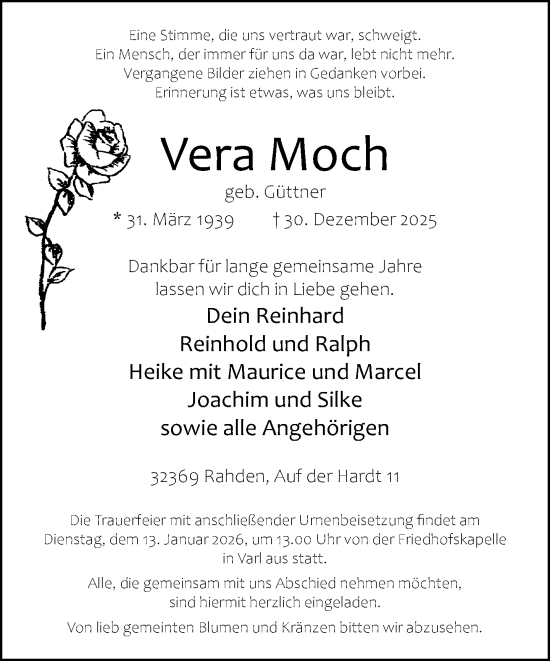 Traueranzeige von Vera Moch von Neue Westfälische und Westfalen-Blatt