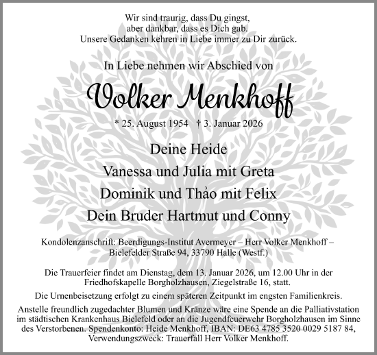 Traueranzeige von Volker Menkhoff von Neue Westfälische und Westfalen-Blatt