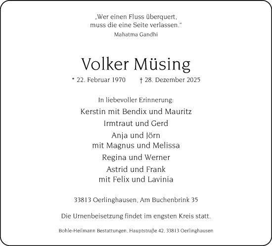 Traueranzeige von Volker Müsing von Neue Westfälische und Westfalen-Blatt