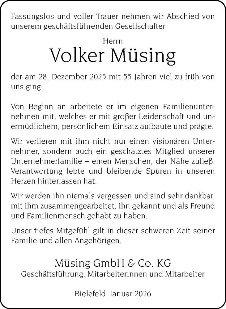  Traueranzeige für Volker Müsing vom 10.01.2026 aus Neue Westfälische und Westfalen-Blatt