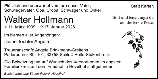 Traueranzeige von Walter Hollmann von Neue Westfälische und Westfalen-Blatt