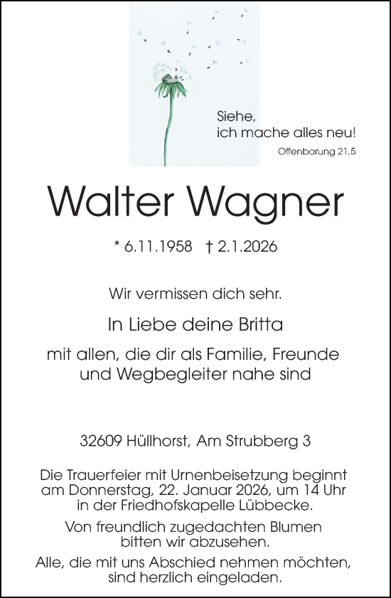 Traueranzeige von Walter Wagner von Neue Westfälische und Westfalen-Blatt