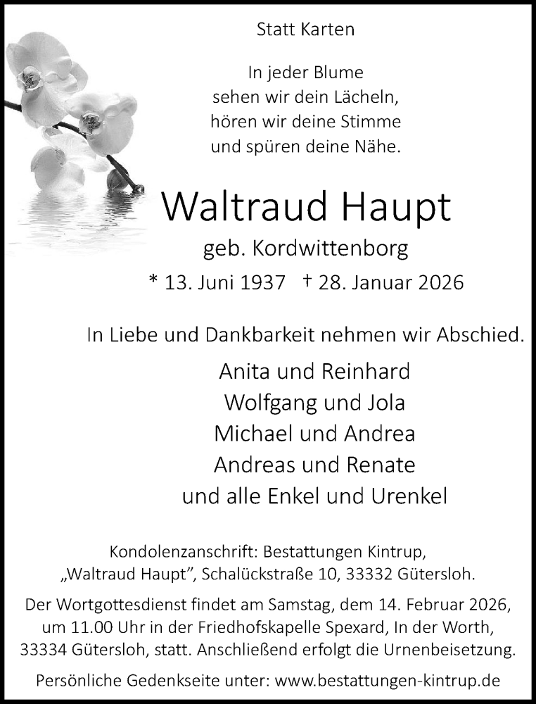  Traueranzeige für Waltraud Haupt vom 31.01.2026 aus Neue Westfälische und Westfalen-Blatt
