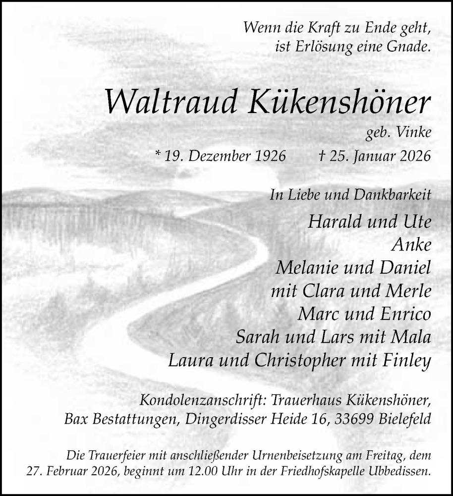  Traueranzeige für Waltraud Kükenshöner vom 31.01.2026 aus Neue Westfälische und Westfalen-Blatt