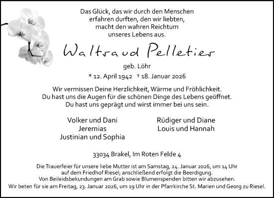 Traueranzeige von Waltraud Pelletier von Neue Westfälische und Westfalen-Blatt