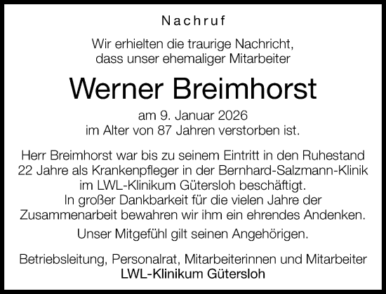 Traueranzeige von Werner Breimhorst von Neue Westfälische und Westfalen-Blatt