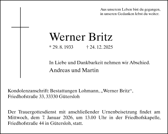 Traueranzeige von Werner Britz von Neue Westfälische und Westfalen-Blatt