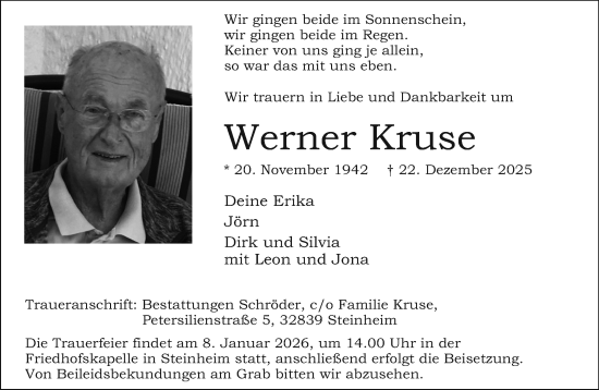 Traueranzeige von Werner Kruse von Neue Westfälische und Westfalen-Blatt