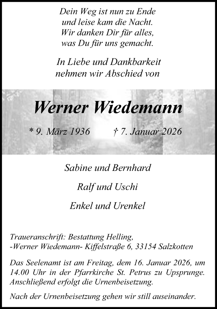  Traueranzeige für Werner Wiedemann vom 10.01.2026 aus Neue Westfälische und Westfalen-Blatt