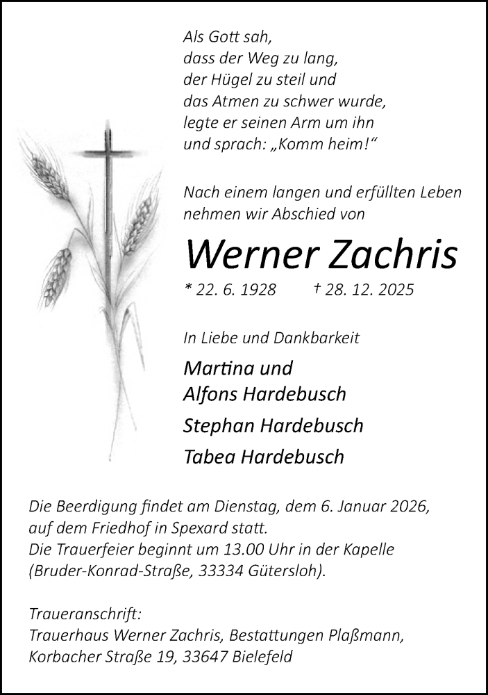  Traueranzeige für Werner Zachris vom 03.01.2026 aus Neue Westfälische und Westfalen-Blatt