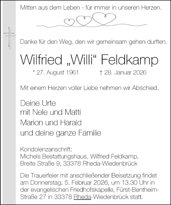 Traueranzeige von Wilfried Feldkamp von Neue Westfälische und Westfalen-Blatt