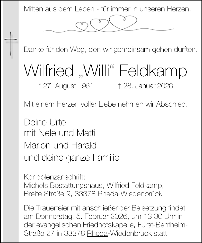  Traueranzeige für Wilfried Feldkamp vom 31.01.2026 aus Neue Westfälische und Westfalen-Blatt