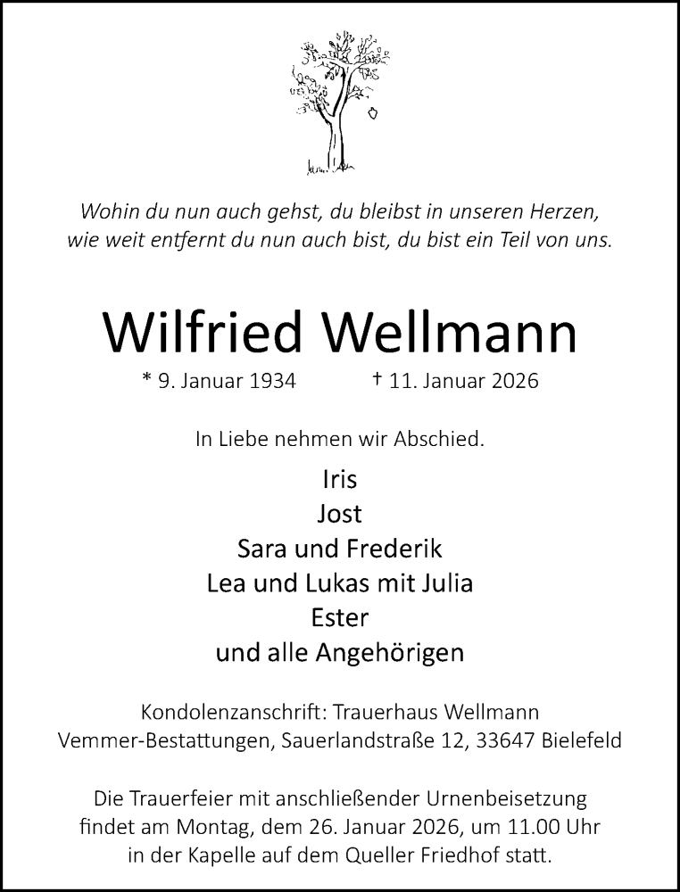  Traueranzeige für Wilfried Wellmann vom 17.01.2026 aus Neue Westfälische und Westfalen-Blatt