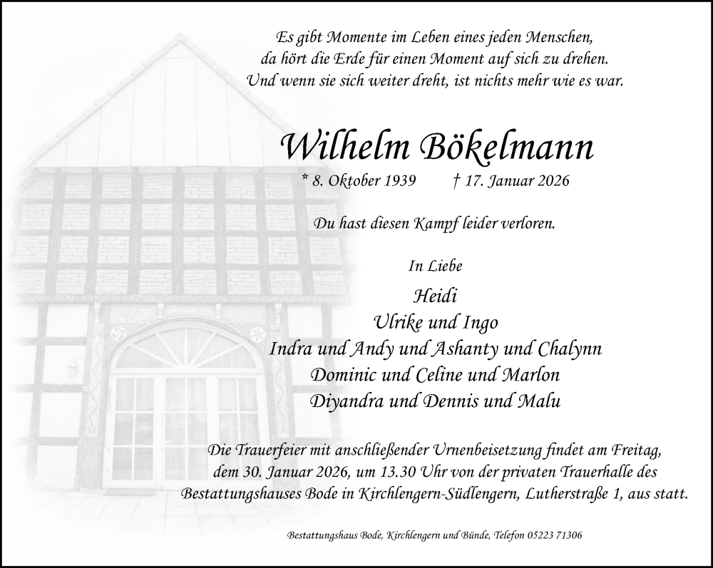  Traueranzeige für Wilhelm Bökelmann vom 24.01.2026 aus Neue Westfälische und Westfalen-Blatt