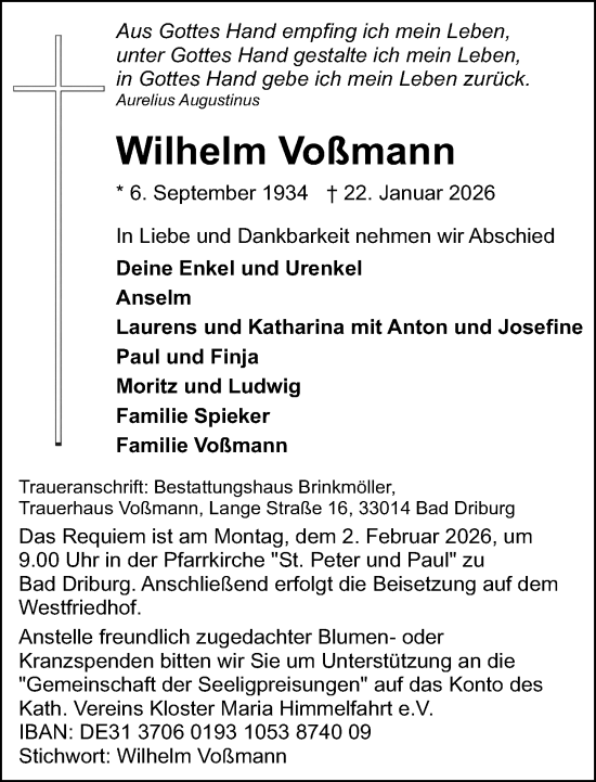 Traueranzeige von Wilhelm Voßmann von Neue Westfälische und Westfalen-Blatt