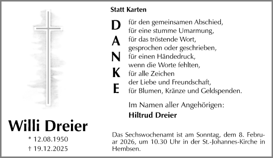Traueranzeige von Willi Dreier von Neue Westfälische und Westfalen-Blatt