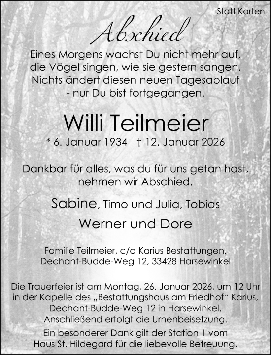 Traueranzeige von Willi Teilmeier von Neue Westfälische und Westfalen-Blatt