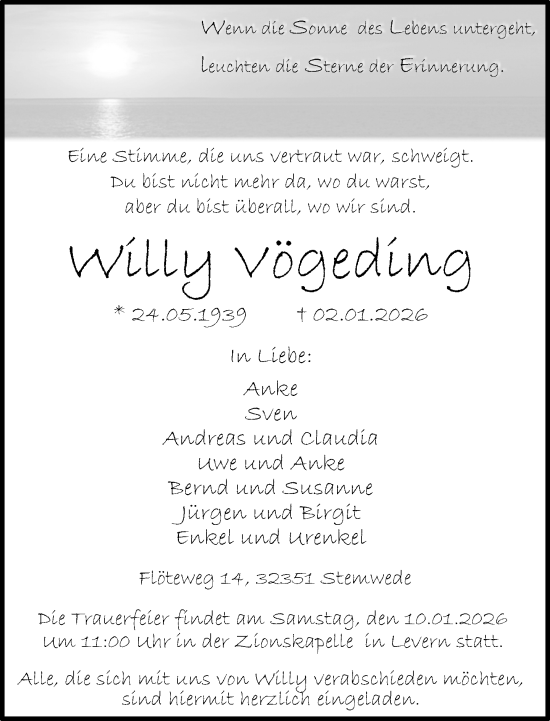 Traueranzeige von Willy Vögeding von Neue Westfälische und Westfalen-Blatt