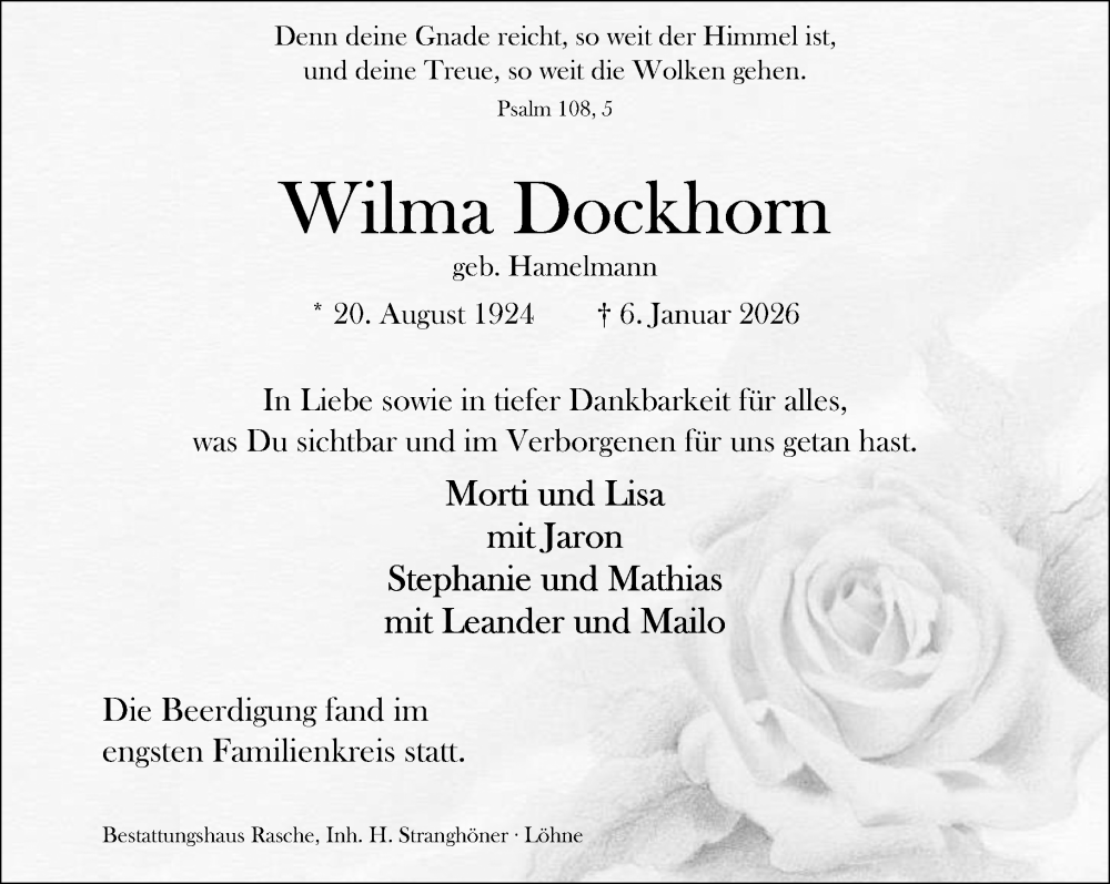  Traueranzeige für Wilma Dockhorn vom 17.01.2026 aus Neue Westfälische und Westfalen-Blatt