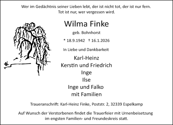 Traueranzeige von Wilma Finke von Neue Westfälische und Westfalen-Blatt