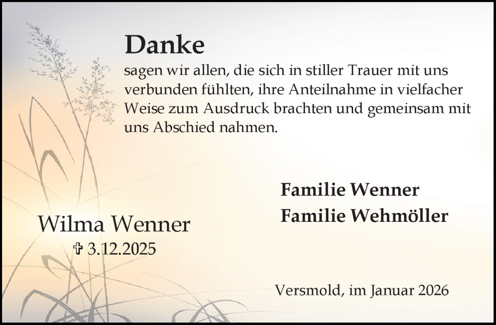  Traueranzeige für Wilma Wenner vom 30.01.2026 aus Neue Westfälische und Westfalen-Blatt