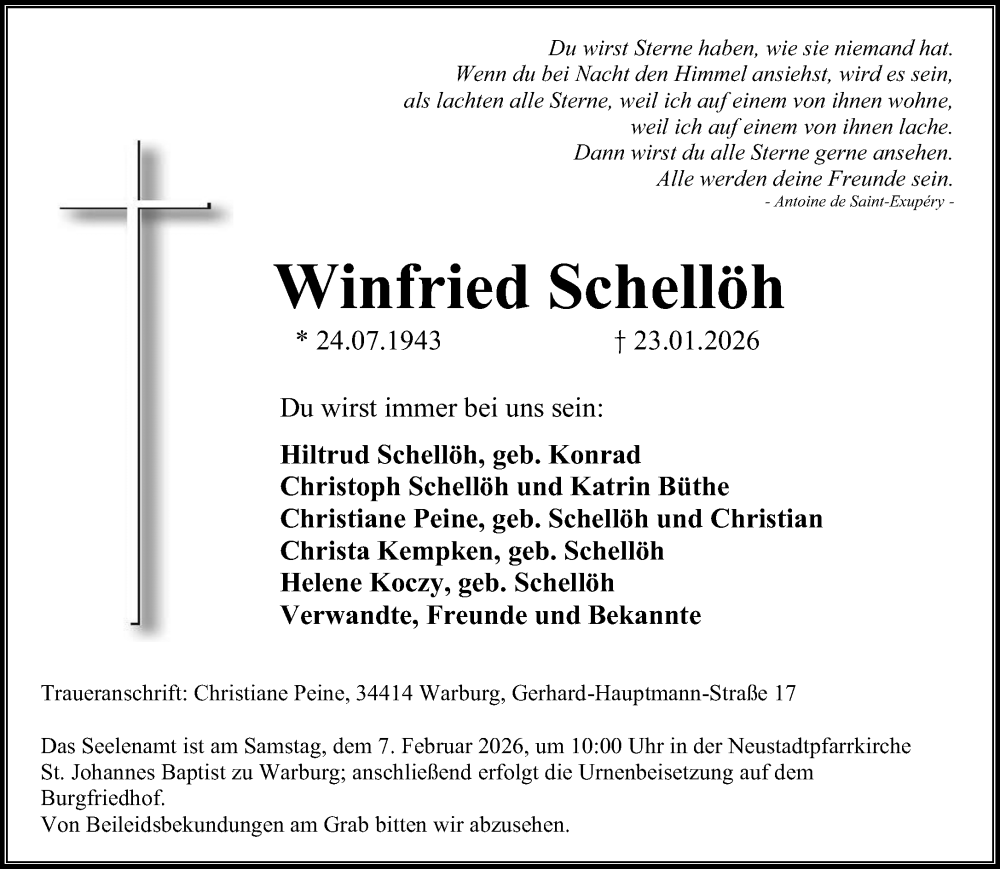  Traueranzeige für Winfried Schellöh vom 31.01.2026 aus Neue Westfälische und Westfalen-Blatt