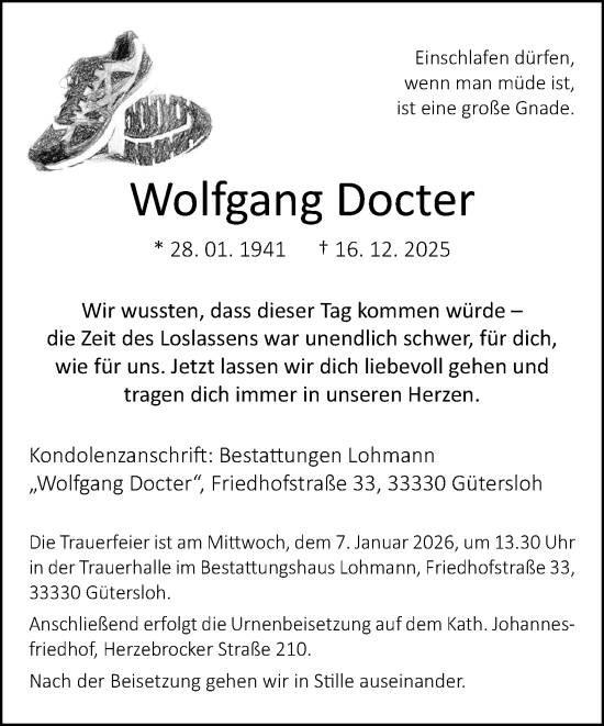 Traueranzeige von Wolfgang Docter von Neue Westfälische und Westfalen-Blatt