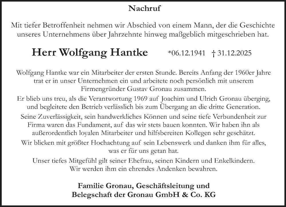  Traueranzeige für Wolfgang Hantke vom 23.01.2026 aus Neue Westfälische und Westfalen-Blatt