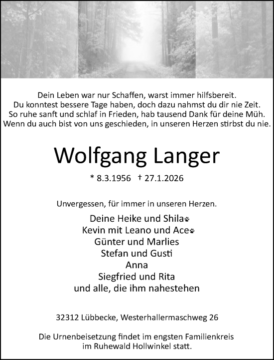 Traueranzeige von Wolfgang Langer von Neue Westfälische und Westfalen-Blatt