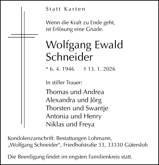 Traueranzeige von Wolfgang Ewald Schneider von Neue Westfälische und Westfalen-Blatt