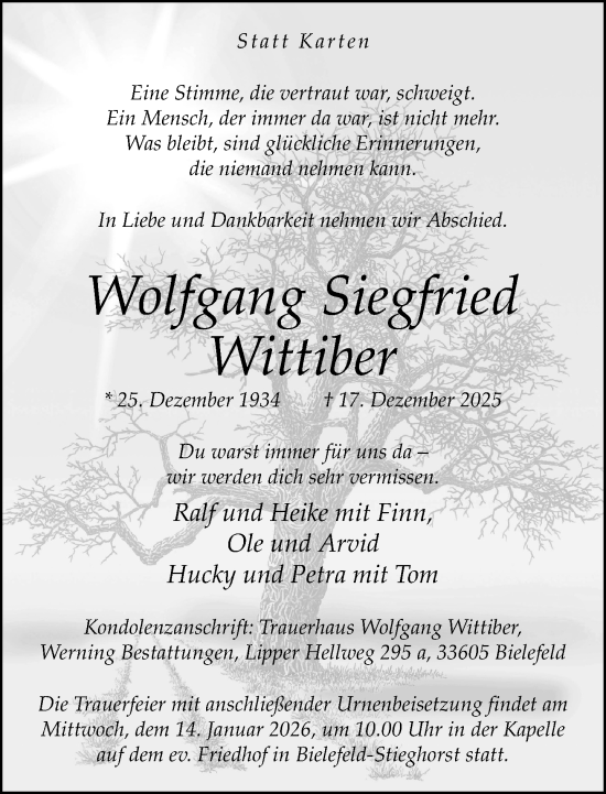 Traueranzeige von Wolfgang Siegfried Wittiber von Neue Westfälische und Westfalen-Blatt