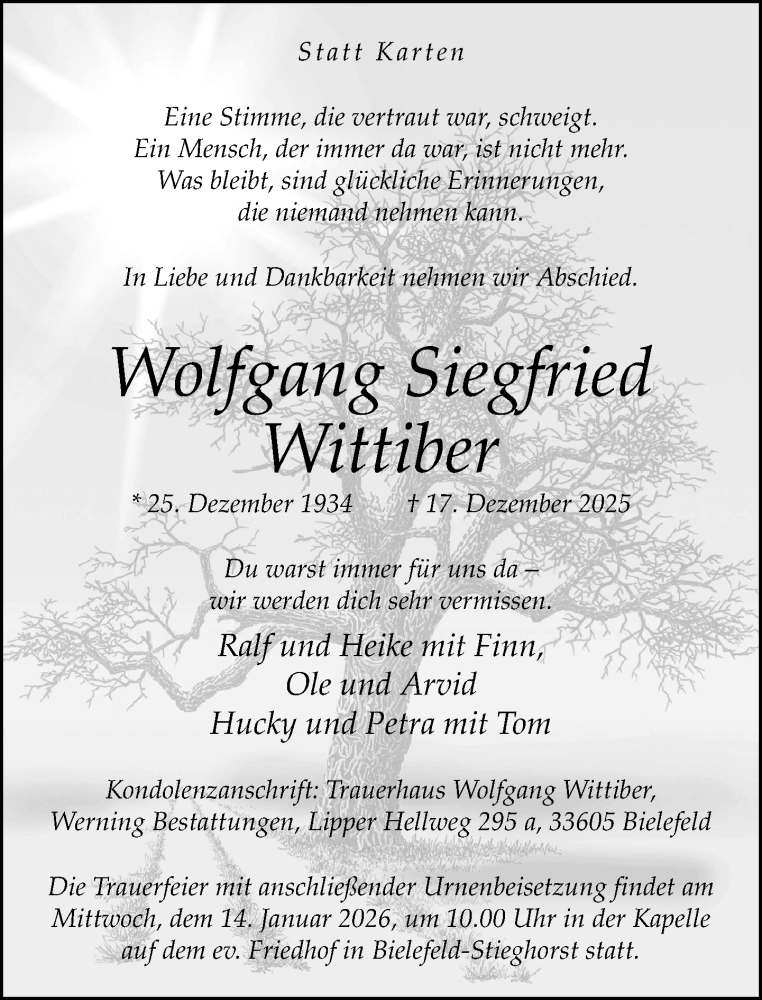  Traueranzeige für Wolfgang Siegfried Wittiber vom 10.01.2026 aus Neue Westfälische und Westfalen-Blatt