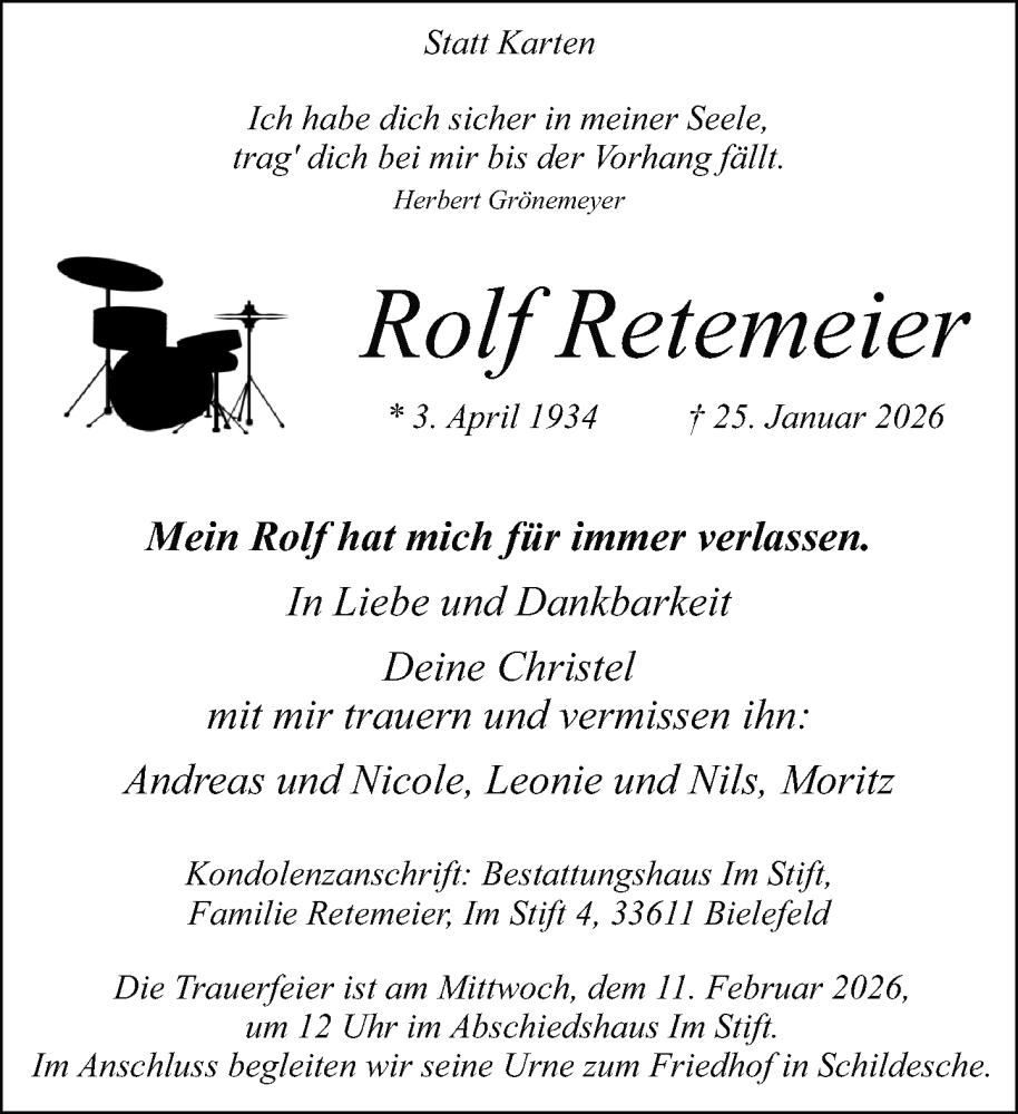  Traueranzeige für Rolf Retemeier vom 07.02.2026 aus Neue Westfälische und Westfalen-Blatt