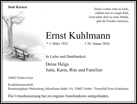 Traueranzeige von Ernst Kuhlmann von Westfalen-Blatt