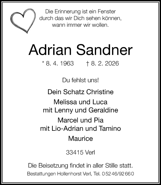 Traueranzeige von Adrian Sandner von Neue Westfälische und Westfalen-Blatt