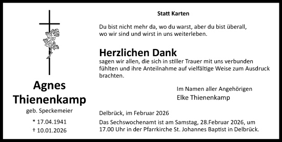 Traueranzeige von Agnes Thienenkamp von Neue Westfälische und Westfalen-Blatt