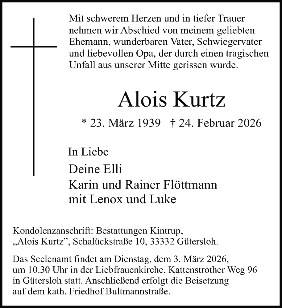  Traueranzeige für Alois Kurtz vom 28.02.2026 aus Neue Westfälische und Westfalen-Blatt