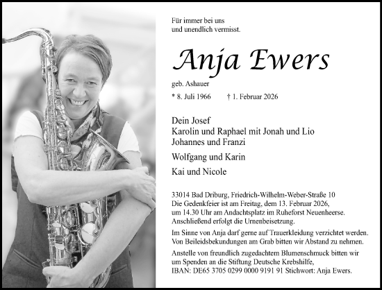 Traueranzeige von Anja Ewers von Neue Westfälische und Westfalen-Blatt