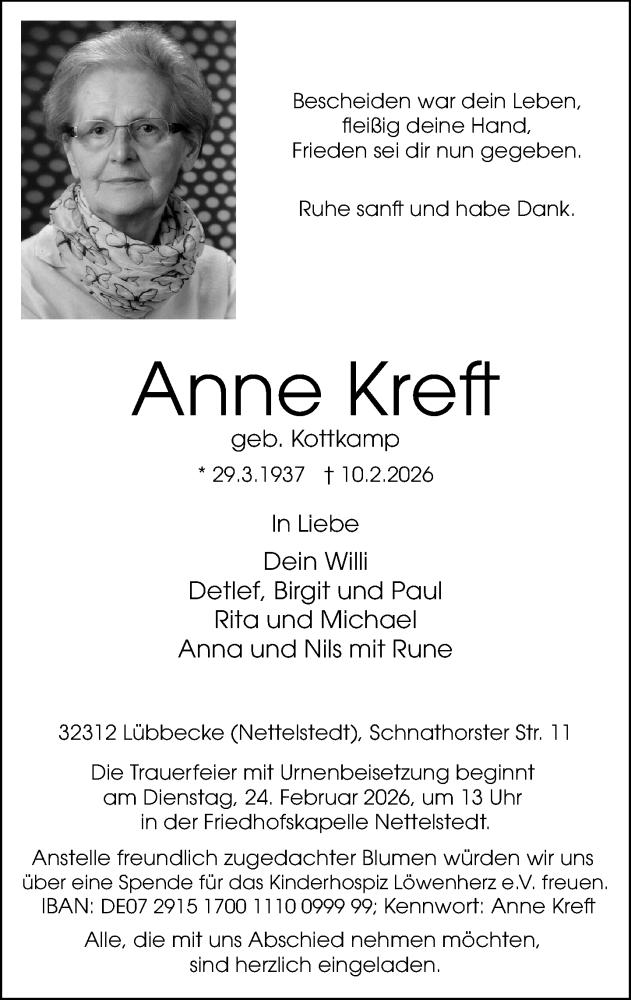  Traueranzeige für Anne Kreft vom 14.02.2026 aus Neue Westfälische und Westfalen-Blatt