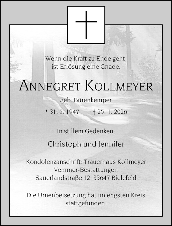 Traueranzeige von Annegret Kollmeyer von Neue Westfälische und Westfalen-Blatt