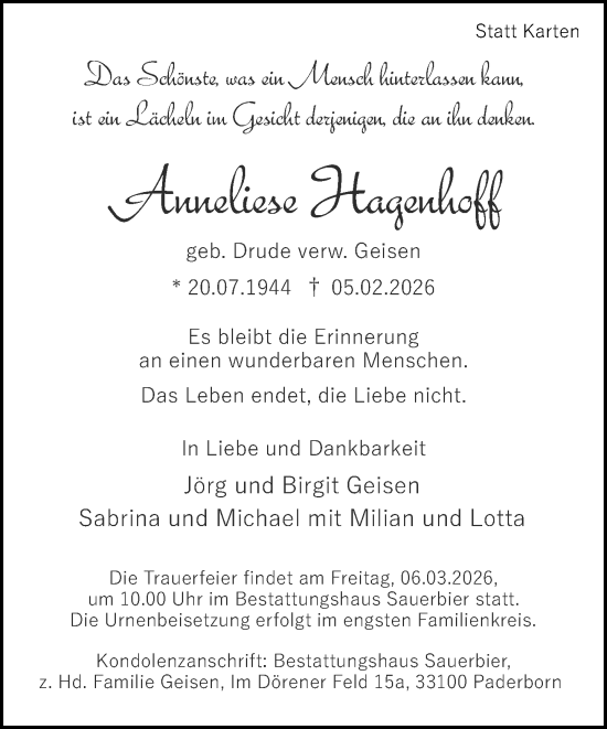 Traueranzeige von Anneliese Hagenhoff von Neue Westfälische und Westfalen-Blatt