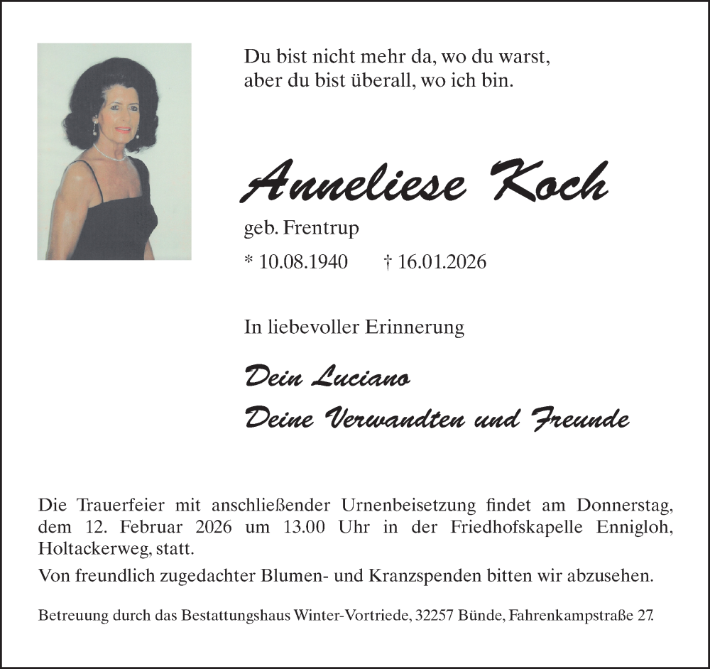  Traueranzeige für Anneliese Koch vom 07.02.2026 aus Neue Westfälische und Westfalen-Blatt