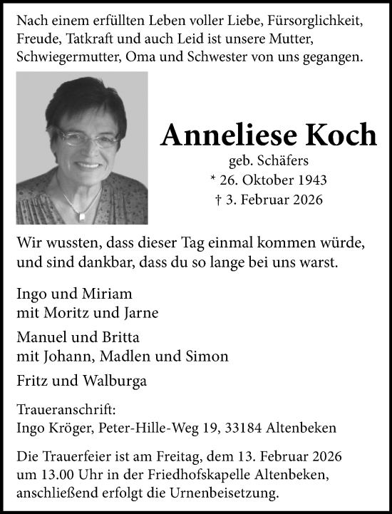 Traueranzeige von Anneliese Koch von Neue Westfälische und Westfalen-Blatt