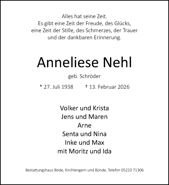 Traueranzeige von Anneliese Nehl von Neue Westfälische und Westfalen-Blatt